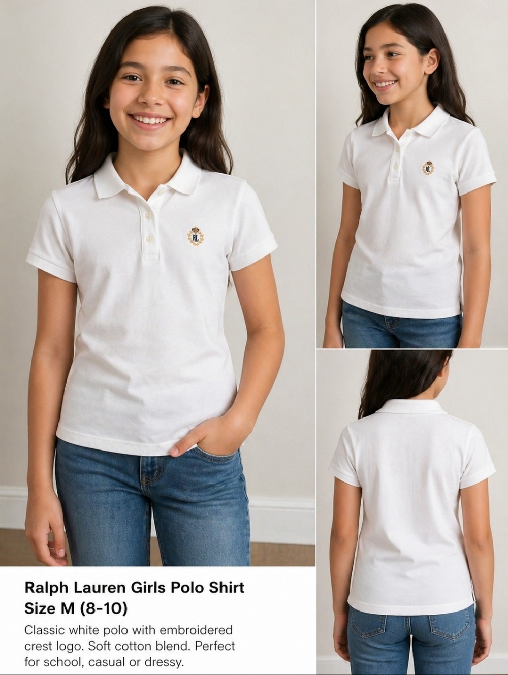 Ralph Lauren Girls Polo Shirt Size M White Crest Logo Cotton Short Sleeve